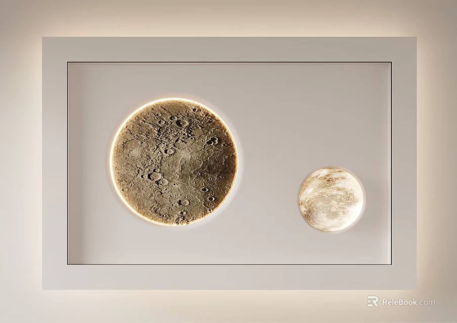 Ceiling Design With Circular Moon Surface Decor And White Frame Lighting 3d model
