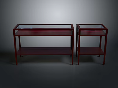 Dark Red Glass Top Side Tables With Two Tier Shelves And Wooden Frame Set 3d model