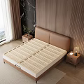 Modern Brown Leather Headboard Bed Frame With Beige Striped Mattress And Wooden Panel Wall