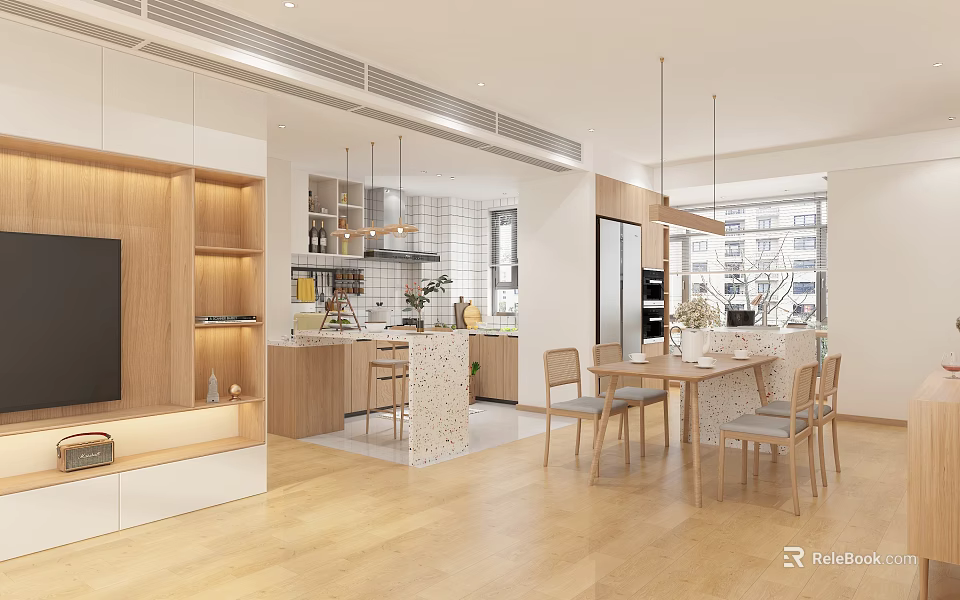 Bright Modern Open Concept Living And Dining Room With Wood Tone Decor And Connected Kitchen 3d model 