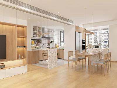 Bright Modern Open Concept Living And Dining Room With Wood Tone Decor And Connected Kitchen 3d model