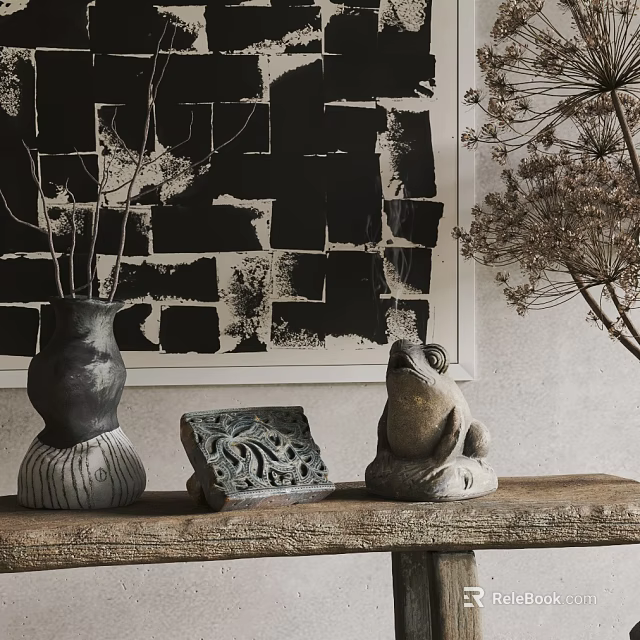 Artistic Decorative Ornament Set with Vase Carved Stone and Frog Sculpture on Wooden Table 3d model 
