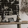 Artistic Decorative Ornament Set with Vase Carved Stone and Frog Sculpture on Wooden Table