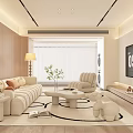 Modern Living Room Interior With Beige Sofa Armchair Round Coffee Table Rug TV And Plants