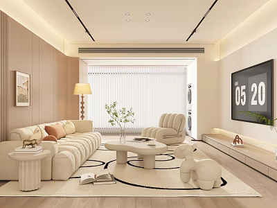Modern Living Room Interior With Beige Sofa Armchair Round Coffee Table Rug TV And Plants 3d model