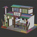 Traditional Japanese Building with Blue Tiled Roof White Walls Wooden Storefront and Hanging Lanterns