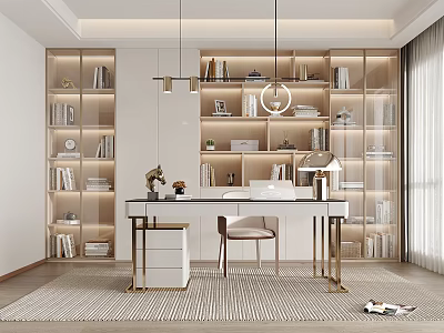 Modern Home Study With Built in Bookshelves Wooden Desk And Pendant Lighting 3d model