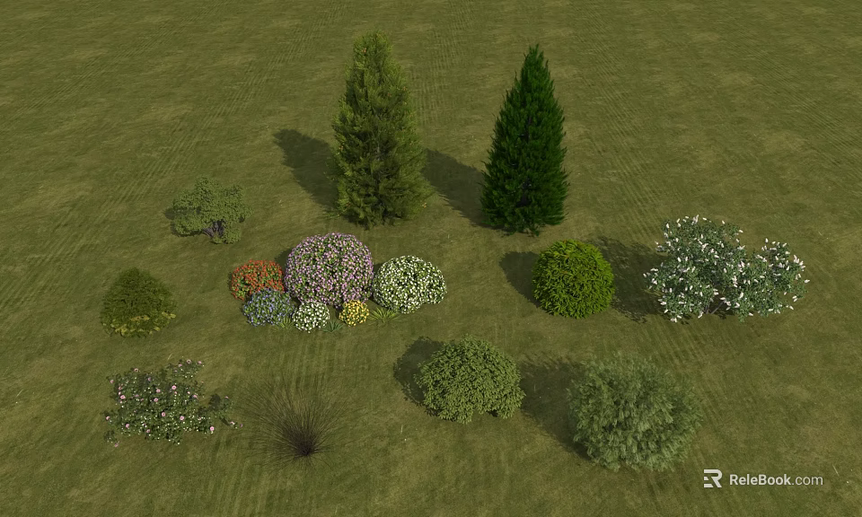 Tall Evergreen Trees in Green Grassland with Different Shrubs and Flowering Plants 3d model 
