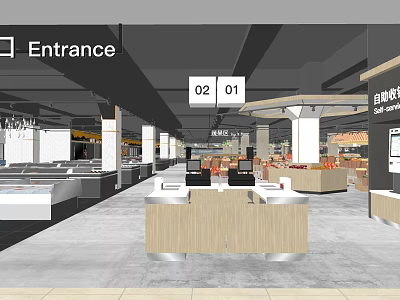 Spacious Supermarket Department Store Interior With Entrance Self-service Checkout Counters And Product Shelves 3d model