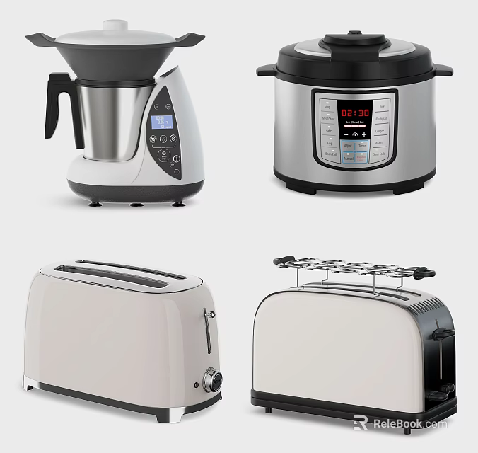 Modern Kitchen Appliances Featuring Blender Electric Pressure Cooker And White Black Toasters 3d model 
