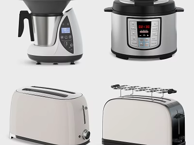 Modern Kitchen Appliances Featuring Blender Electric Pressure Cooker And White Black Toasters 3d model