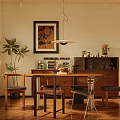 Modern Restaurant Interior Design With Wooden Dining Table Chairs Pendant Light Plant And Wine Cabinet