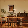 Middle Ancient Style Restaurant Dining Table and Chair Combination Sideboard Hanging Picture Shutters Green Planting Redwood Floor 3d model