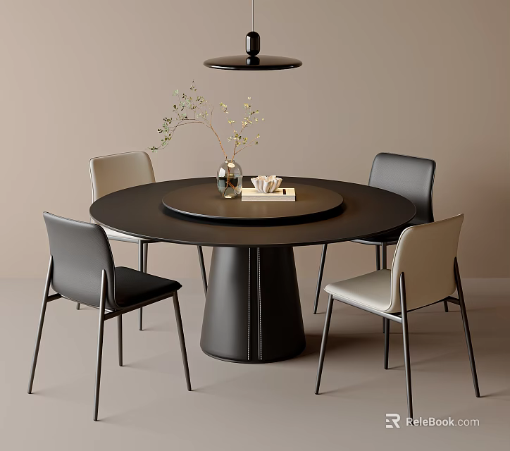 Round Black Dining Table Set With Beige Black Chairs Vase Plants And Hanging Lamp 3d model 