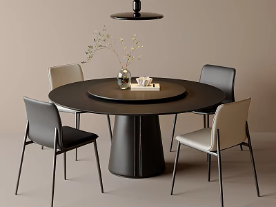 Round Black Dining Table Set With Beige Black Chairs Vase Plants And Hanging Lamp 3d model