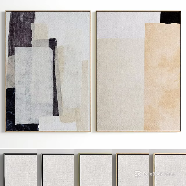 Modern Abstract Diptych Painting With Minimalist Neutral Tones And Geometric Color Blocks 3d model 