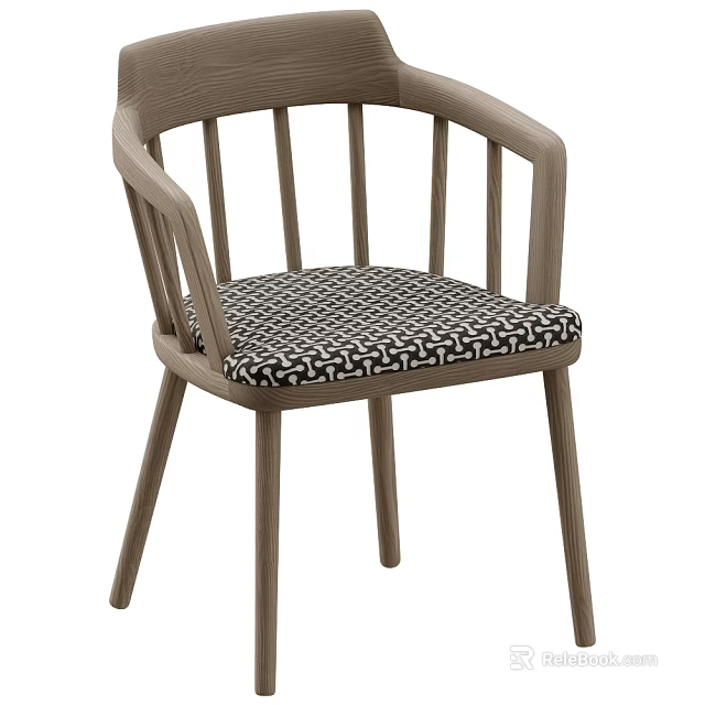 Light Wooden Frame Leisure Chair With Armrests Slatted Backrest And Black White Checkered Cushion 3d model 