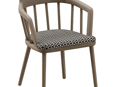Light Wooden Frame Leisure Chair With Armrests Slatted Backrest And Black White Checkered Cushion 3d model