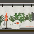 Shop Window Display With Orange Mannequin Green Plants Wavy Wall And White Stone Table Accessories