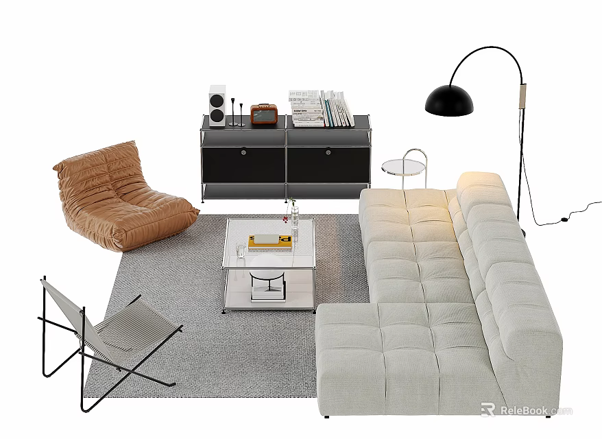 Minimalist Beige Sectional Sofa and White Coffee Table Set with Brown Armchair and Floor Lamp 3d model 