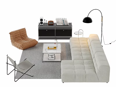 Minimalist Beige Sectional Sofa and White Coffee Table Set with Brown Armchair and Floor Lamp 3d model