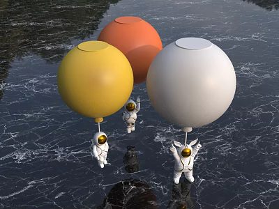 Astronaut Sculptures With Colorful Spheres On Dark Reflective Water Surface 3d model