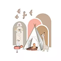 Kids Playroom With Teepee Tent Giraffe Puppy Toys Guitar And Rainbow Shelf Decor