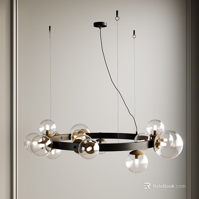 Modern Chandelier with Black Circular Frame Transparent Glass Bulbs and Golden Lamp Holders 3d model 