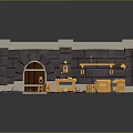 Medieval Workshop Interior With Stone Walls Wooden Door Workbenches And Tools