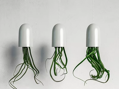 Stylish White Hanging Planters Featuring Trailing Green Vines Indoors 3d model