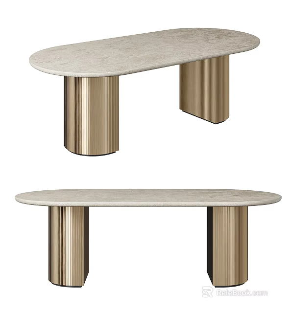 Elegant Modern Oval Dining Table With Marble Top And Fluted Brass Legs 3d model