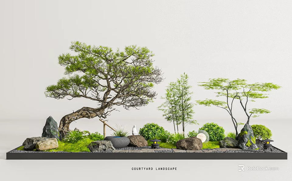 Courtyard Garden With Bonsai Pine Tree, Small Trees, and Stone Basin 3d model 