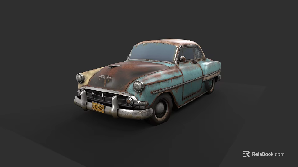 Vintage Rusted Teal Classic Car With Worn Exterior And Old Design 3d model 