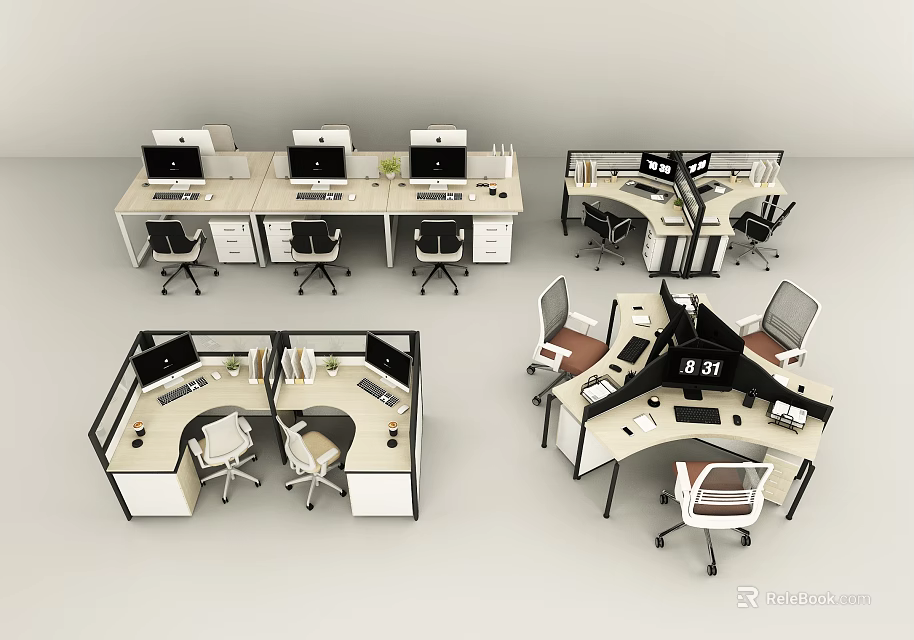 Modern Office Desk Designs With Multiple Workstations Computers And Ergonomic Chairs 3d model
