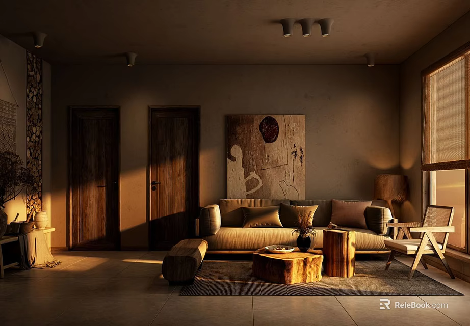Warm Rustic Living Room Interior With Sofa Wooden Coffee Tables Decorative Painting And Floor Lamp 3d model 