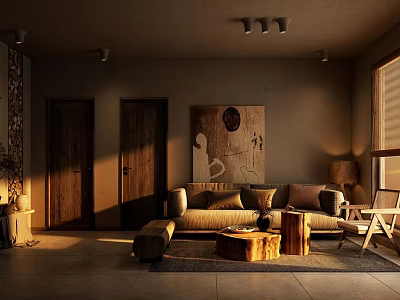 Warm Rustic Living Room Interior With Sofa Wooden Coffee Tables Decorative Painting And Floor Lamp 3d model