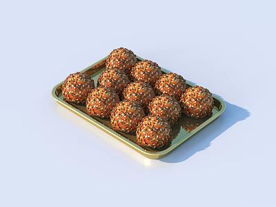 Delicious Sesame Coated Balls Arranged On Golden Tray Against White Background 3d model