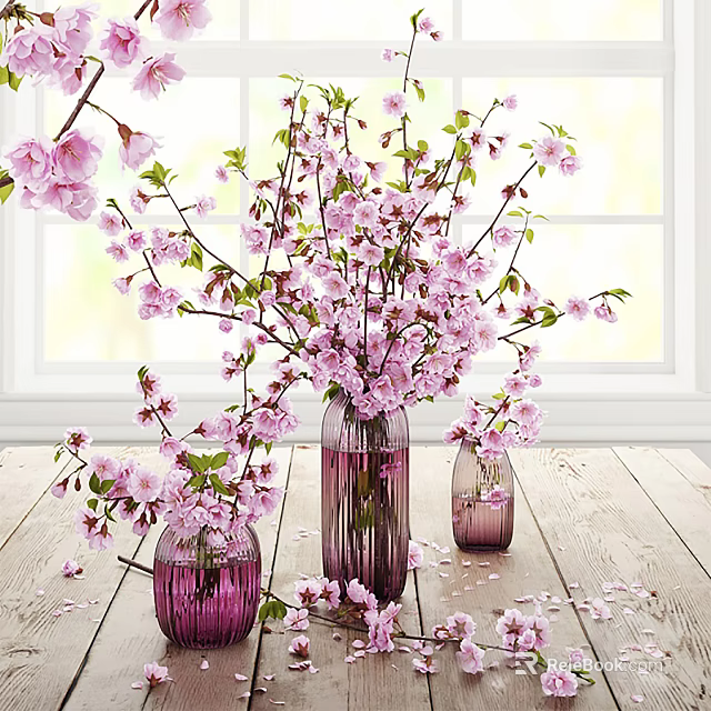 Pink Blossom Flowers In Purple Vases On Wooden Table With Window Background And Scattered Petals 3d model 