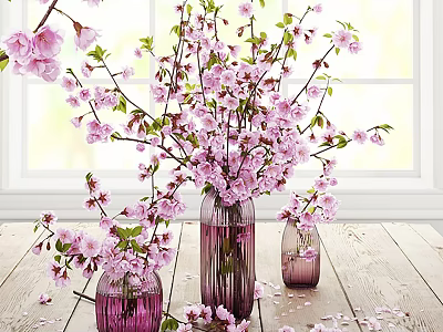 Pink Blossom Flowers In Purple Vases On Wooden Table With Window Background And Scattered Petals 3d model