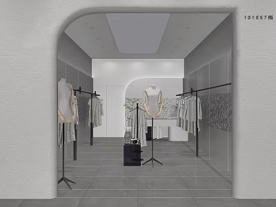 Modern Minimalist Clothing Store Interior With Clothing Racks Mannequins And Hanging Apparel 3d model
