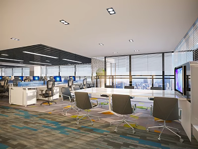 Modern Public Office Space Interior With Desks Chairs Computers Large Windows And Colorful Carpet 3d model