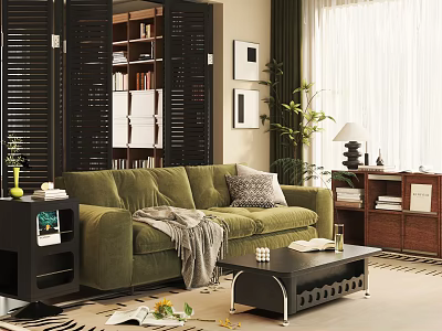 Modern Velvet Green Sofa and Geometric Black Coffee Table Set with Throw Pillows Blanket Plants 3d model