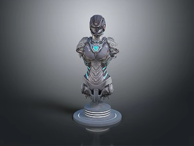 Humanoid Bust Sculpture with Metallic Texture and Blue Glowing Elements on Circular Base 3d model