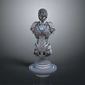 Humanoid Bust Sculpture with Metallic Texture and Blue Glowing Elements on Circular Base 3d model