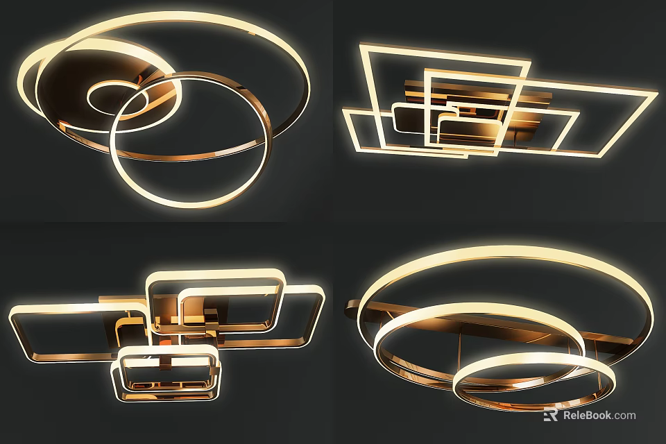 Modern Inflatable Lighting Fixtures With Round Square Shapes And Gold White Glow 3d model 