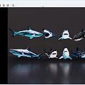 Aquatic Animals Sharks Showing Various Underwater Swimming Poses And Open Mouths