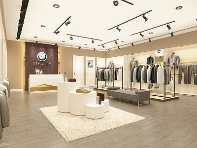 Modern Clothing Store Interior With Racks Of Clothes Cash Counter And Seating Area 3d model