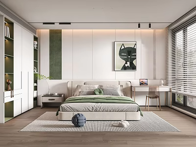 Cozy Kids Room Interior With Green White Decor Bed Bookshelf Desk And Cat Painting On Wall 3d model