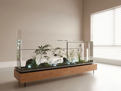 Modern Glass Aquarium With Wooden Stand Plants Stones In Bright Room 3d model Modern Glass Aquarium With Wooden Stand Plants Stones In Bright Room 3d model