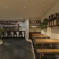 Cozy Restaurant Interior With Wooden Tables Stools Wall Shelves Green Plants And Counter